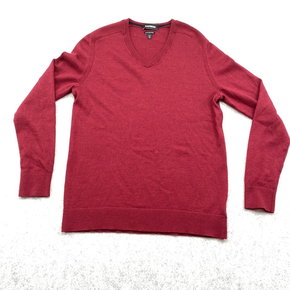 Express Sweater Mens Medium Red Merino Wool Blend V Neck Pullover Knit Casual
